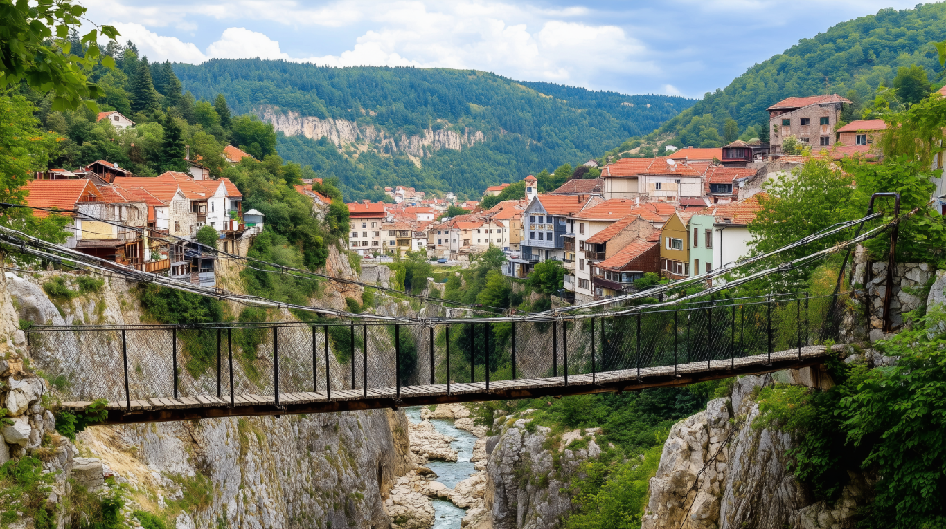 Suspension bridge over a gorge in a Serbian village with red-roofed houses and forested mountains, symbolizing cultural connections.