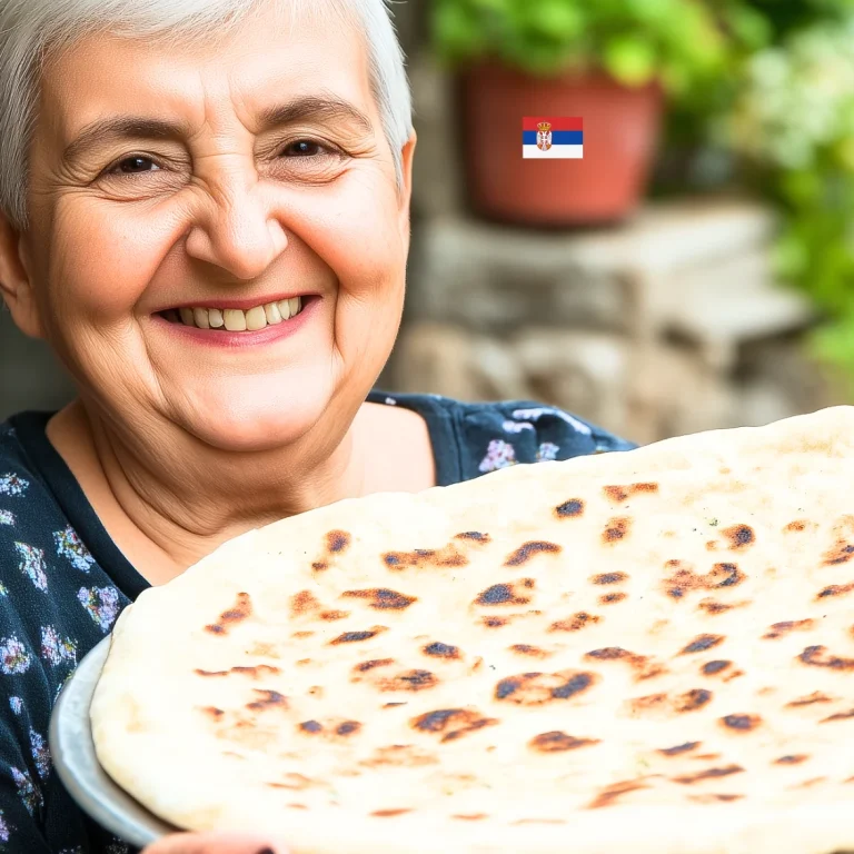 Smiling Serbian grandmother holding traditional flatbread outdoors, symbolizing Serbian hospitality and homemade Balkan cuisine.