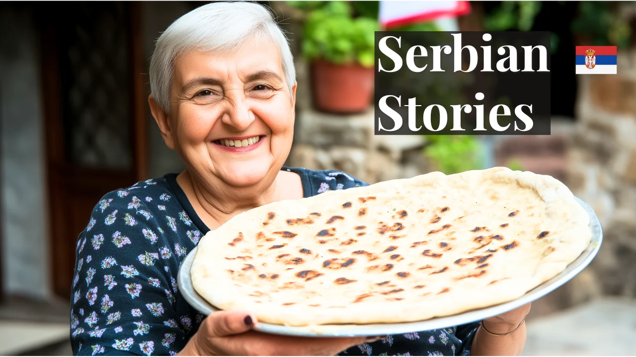 Smiling Serbian grandmother holding traditional flatbread outdoors, symbolizing Serbian hospitality and homemade Balkan cuisine.