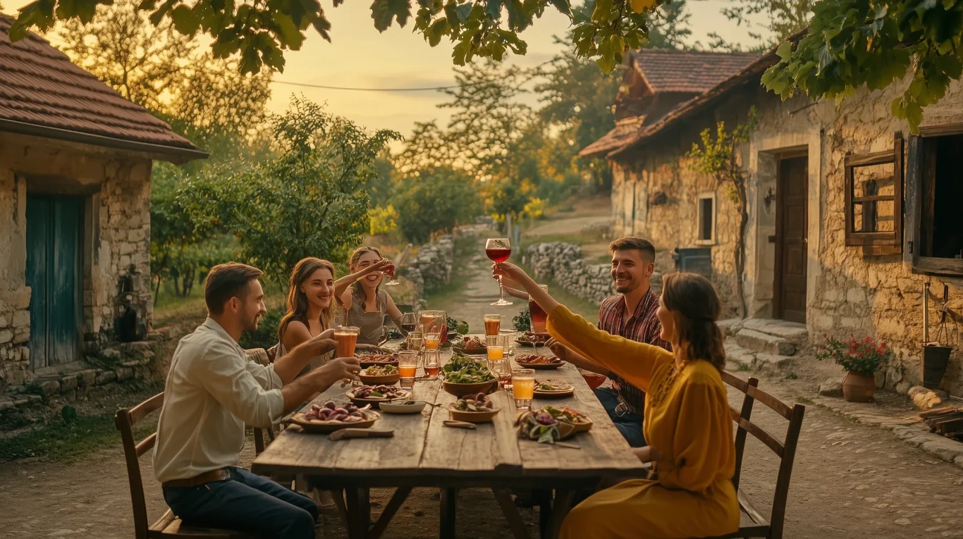 Group of Serbian friends and family sharing a traditional meal with grilled meats and rakija in a rustic village 