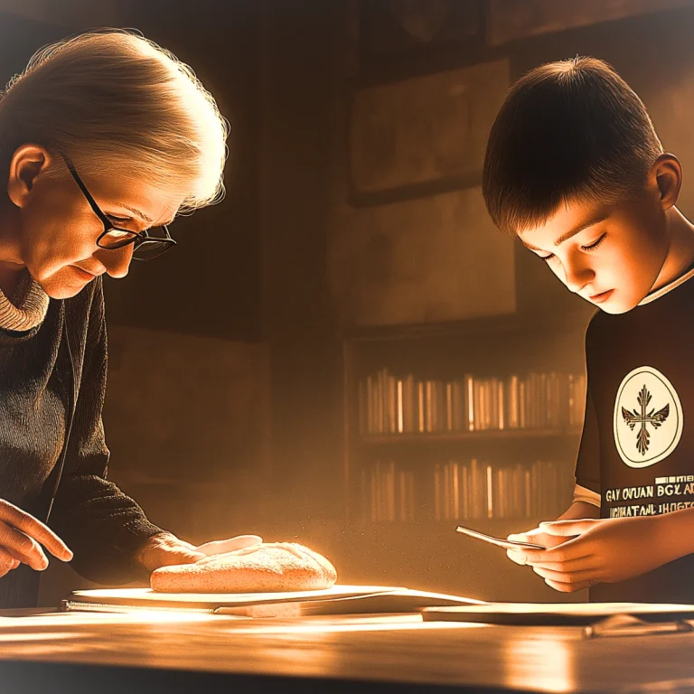 Elderly Serbian woman reading with her grandson in a warm-lit room, symbolizing intergenerational storytelling and cultural traditions