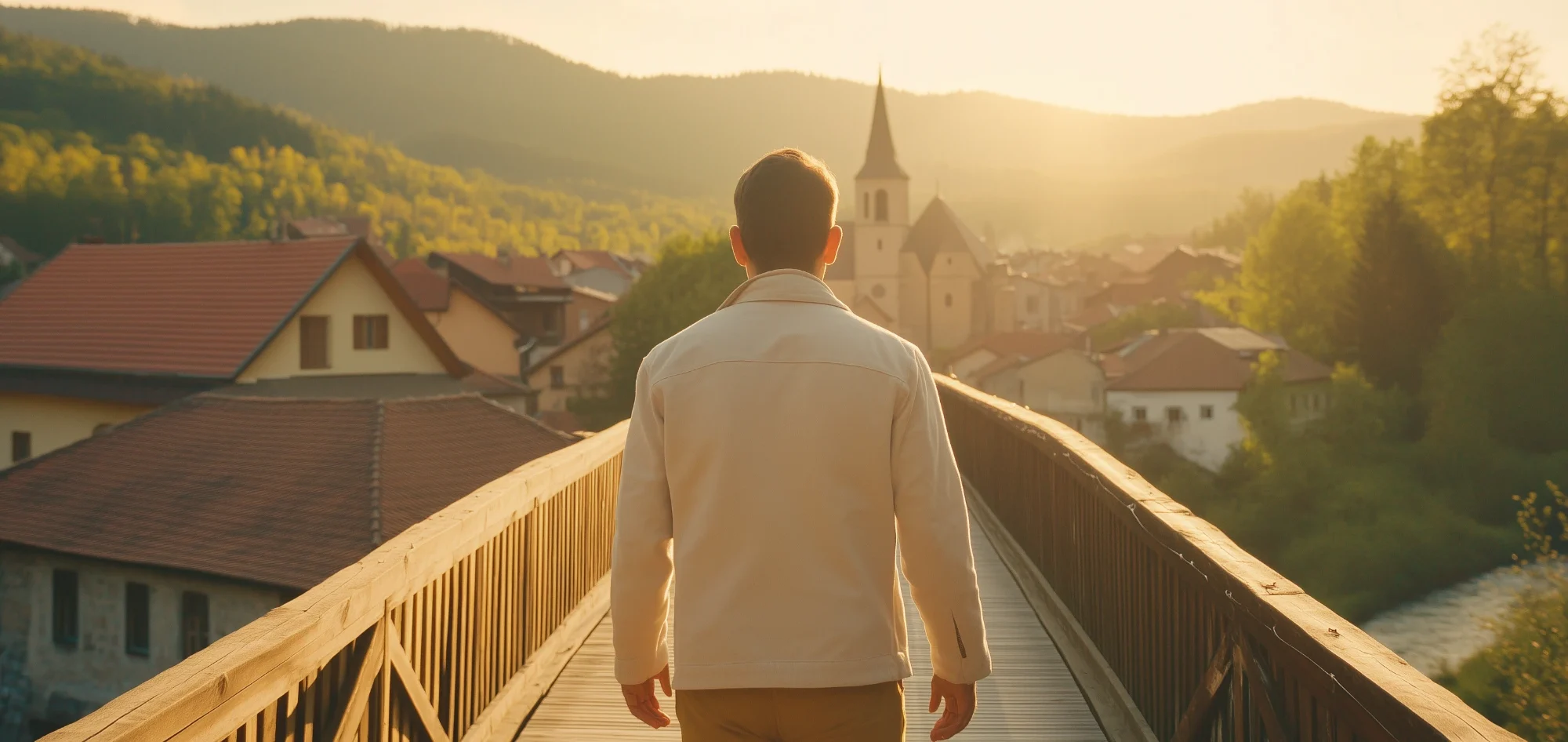 Man in a white jacket walking across a symbolic bridge between a German alpine village and a Serbian town with an Orthodox church.