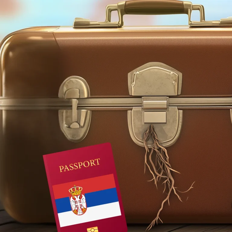 Serbian passport leaning against a vintage suitcase with roots, symbolizing identity, diaspora, and cultural ties to Serbia.