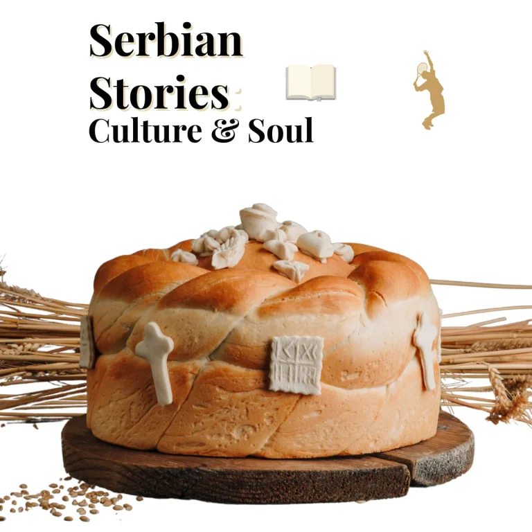 Traditional Serbian Slava bread decorated with ritual symbols and wheat, representing Serbian Orthodox culture and heritage.