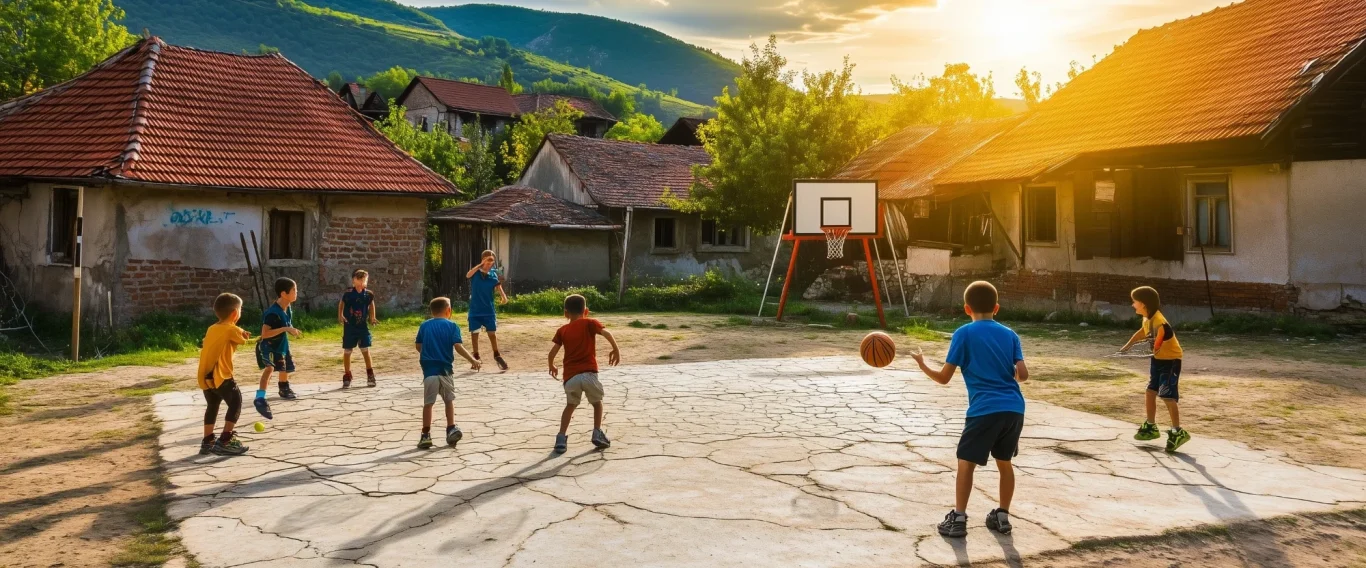 Children playing basketball on a rustic outdoor court in a Serbian village at sunset, surrounded by traditional red-roofed houses and green 